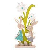 Coniglietti e fiori legno su base h.43,5